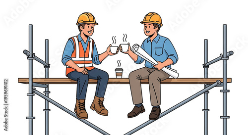 Two construction workers taking a break on scaffolding and enjoying a cup of coffee together