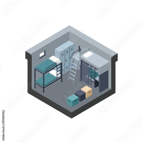 Isometric Illustration of a Compact Living Space with Bunk Bed.
