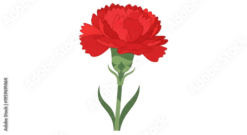 A vibrant red carnation flower icon with green stem and leaves on a white background