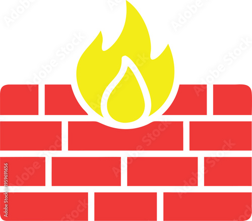 Stylized depiction of a Firewall with brick wall and bright yellow flames