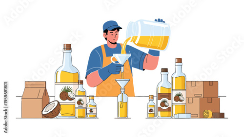 Oil Bottling Process: An illustration depicting a worker carefully pouring oil into various bottles. This scene highlights the essence of production and product creation.