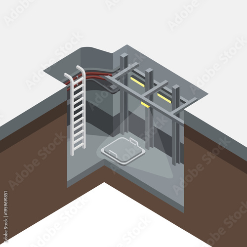 Isometric Underground Utility Vault Illustration with Ladder and Cables.