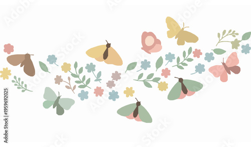 Cute butterfly and flower seamless pattern diagonal layout flat vector illustration