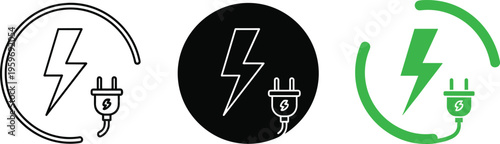 Electric charging station icon set with lightning bolt and power plug in line art, solid black, and green eco styles.