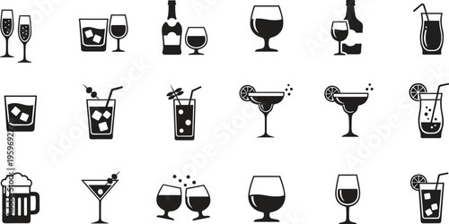 Cocktail beverage icons, alcohol bar drinks, party celebration glassware, champagne wine spirits, martini margarita beer, restaurant menu elements