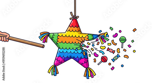 A colorful star-shaped piñata being hit with a stick, releasing candy and confetti