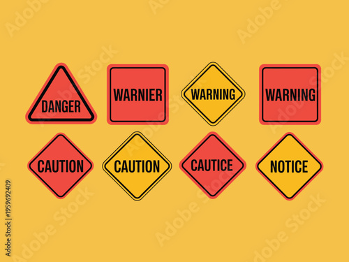 A collection of warning signs on a bright orange background with various shapes and colors