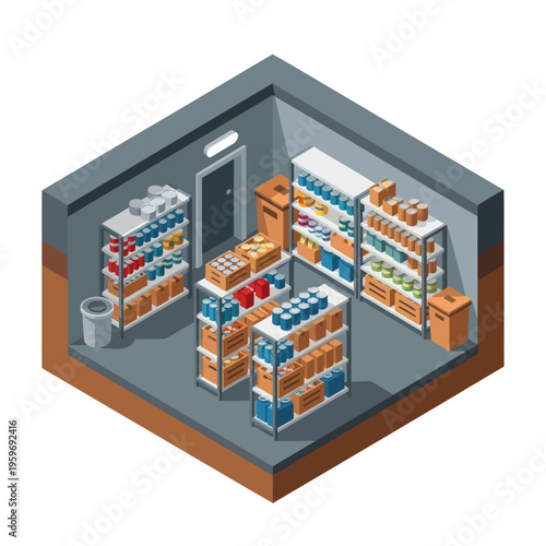 Isometric View of a Well-Stocked Underground Food Storage Room.