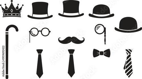 Gentleman accessories, vintage top hat, bowler hats, crown, mustache, monocle, glasses, cane, necktie, bow tie, black silhouette, vector illustration.