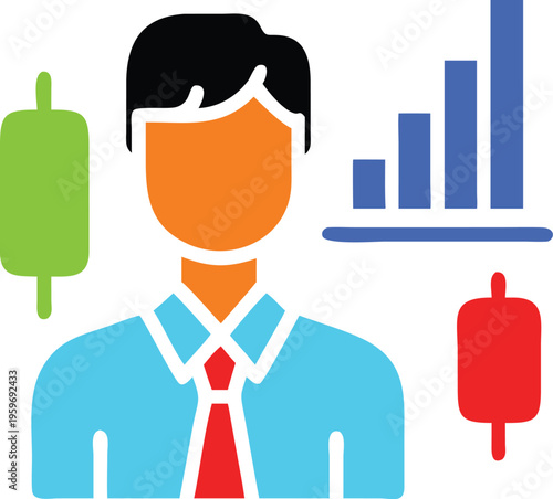 Financial Analyst with Japanese Candlestick and Bar Chart Depiction for Stock Market Insights