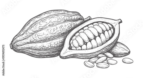 Hand drawn cocoa pods and beans with hatching seed fruit