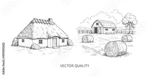 Rural landscape with thatched cottage and barn with hay bales