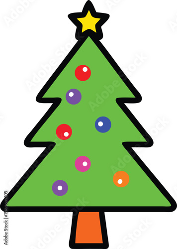 A brightly colored cartoon Christmas tree with a star and ornaments
