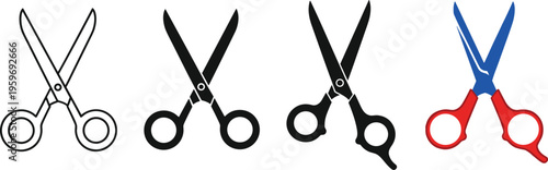 Scissors icon set featuring professional hair shears and office shears in line art, solid black silhouette, and flat color styles.
