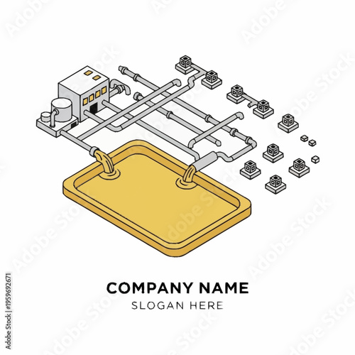 Isometric illustration of an industrial water treatment system with pipes, tanks, and control panel.