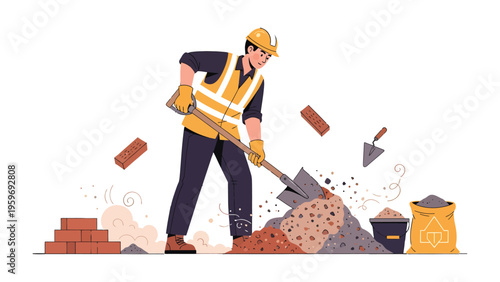 Construction worker at work: a construction worker diligently shovels aggregate, amidst bricks and tools, embodying industry and manual labor.  