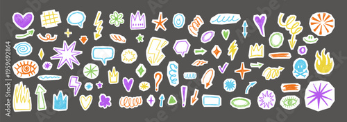 Punk rock sticker set with hand-drawn doodles, fire icons, lightning bolts, and graffiti textures. Collage vector illustration.