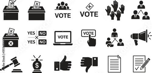 Solid silhouette vector of voting icons, election ballot boxes, democratic choice symbols, online poll, gavel, megaphone, and political participation elements