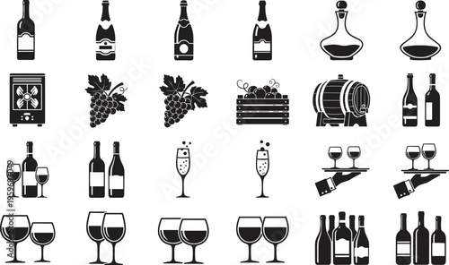 Wine bottle icons, winery silhouettes, vineyard grape clusters, alcohol drink glassware symbols, champagne celebration graphics, wooden barrel cellar elements.