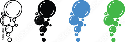 Soap bubbles and water droplets icon set in line art, solid black silhouette, blue, and green styles for cleaning and hygiene.
