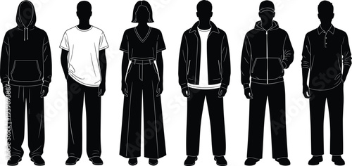 Casual fashion silhouettes set of men and women wearing hoodie, t shirt, jacket, streetwear outfits, standing poses, modern apparel collection, isolated vector style illustration