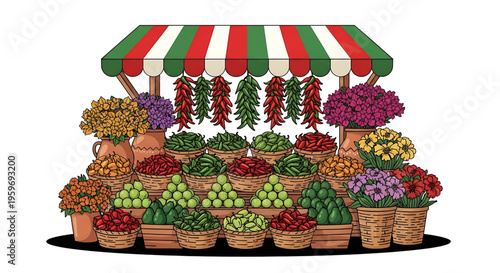 A vibrant market stall overflowing with colorful flowers, baskets of fresh produce, and hanging chili peppers under a striped awning.