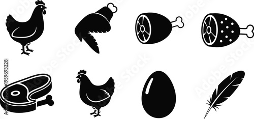 Collection of chicken and meat silhouette icons featuring poultry, chicken wings, drumsticks, eggs, and feathers isolated on white background for butcher shop and food menus.
