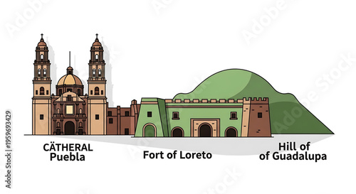 A colorful vector illustration of Puebla's historic landmarks including the Cathedral and Fort of Loreto