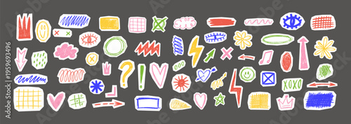 Vibrant sticker collection with lightning bolts, graffiti hearts, stars, and emo cartoon icons. Y2K scrapbook elements featuring crayon textures. Vector illustration.