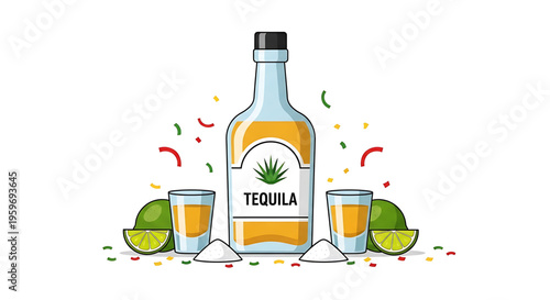 A colorful vector illustration of a tequila bottle with glasses and lime wedges for a festive party