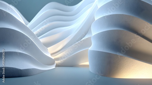 A modern abstract sculpture with smooth white curved surfaces