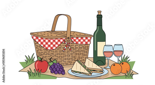 Outdoor picnic with a bottle of wine, sandwiches, fruit, and wine glasses on a checkered blanket with grass and a basket