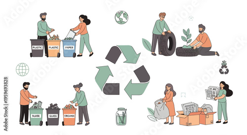 Promoting Sustainable Living Diverse individuals engaging in responsible waste management, recycling, reuse, and environmental conservation efforts for a healthier planet