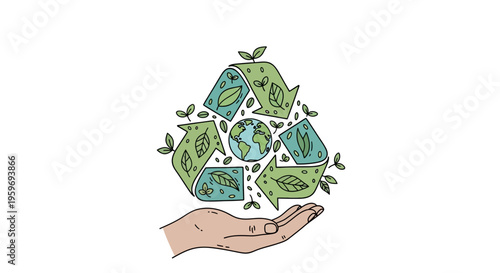 Recycling symbol with leaves and globe illustration, hand holding planet Earth with greenery symbolizing environmental care and sustainability efforts for a greener future