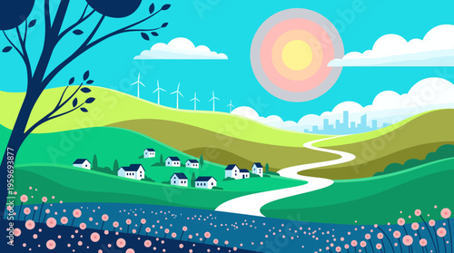 Colorful rural landscape with winding river, grazing cows, wind turbines, and rolling hills under a bright sun