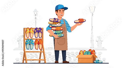 Shoe vendor at market: A cheerful shoe vendor presents his colorful footwear collection in an outdoor market setting. A wide array of shoes, including sandals and slippers.