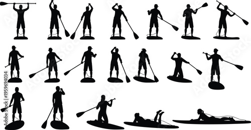 Set of stand up paddle board silhouette icons featuring people paddling, kneeling, and resting on sup boards isolated on white background for water sports design.