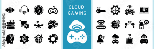 Black glyph collection of digital technology and internet symbols