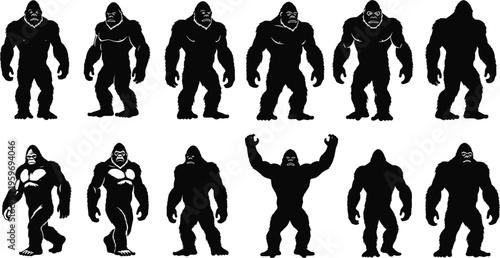 Bigfoot Silhouette Set Vector Illustration Featuring Mythical Creature Poses And Gorilla Characters Cad Drawing Flat Vector Illustration Asset Design Flavector