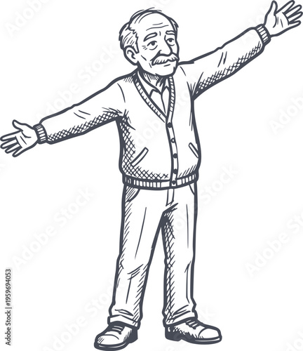 hand drawn illustration of a happy senior man with open arms in black fill style with no white fills included