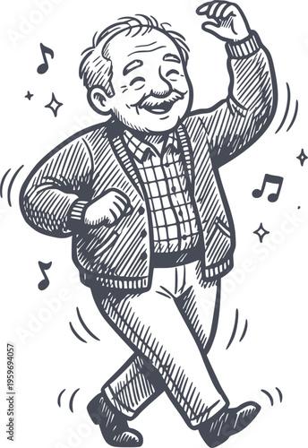 happy senior man dancing with musical notes in black fill hand drawn style vector illustration with no white fills