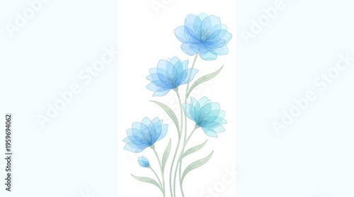 Watercolor illustration of blue flowers on slender stems with soft leaves, a delicate botanical art print for wall decor and home decor.