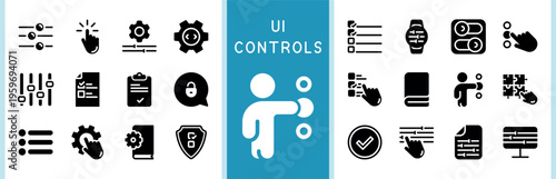 Black glyph vector collection of digital sliders switches and interactive gears