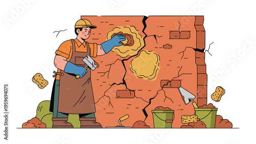 Bricklayer Repairing Wall: A skilled bricklayer meticulously repairs a weathered brick wall, his expertise transforming cracks into a testament of resilience and renewal. 