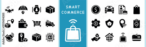 Digital retail and smart logistics vector glyph symbols