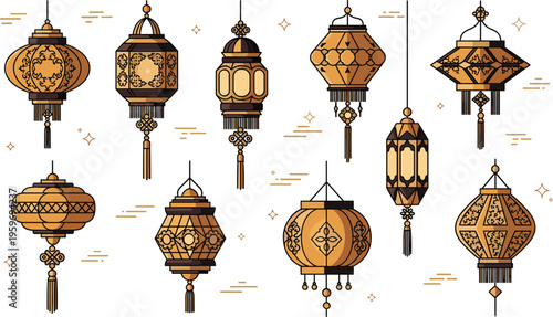 Ornamental arabic lanterns vector set, vintage islamic lamps collection, decorative ramadan lights, intricate middle eastern hanging lantern design elements