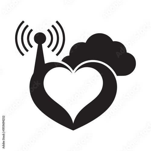 A black silhouette depicts a heart shaped radio tower transmitting signals into a cloud above high quality