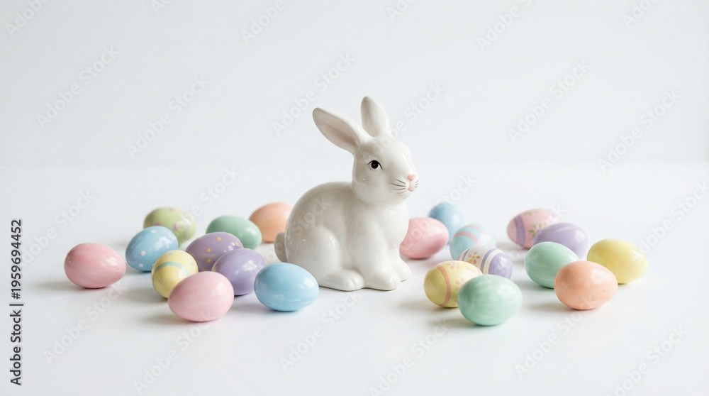 Fototapeta premium Easter bunny surrounded by colorful chocolate eggs.