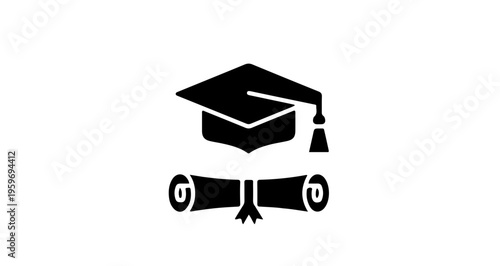 Graduation cap silhouette with diploma scroll design on white background