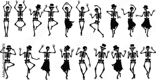 Skeleton Silhouette Set Vector Illustration Featuring Dancing Spooky Human Bones Characters Cad Drawing Flat Vector Illustration Asset Design Flavector, For Halloween